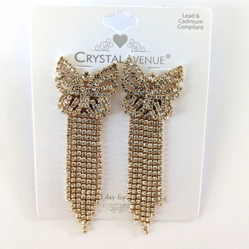 Rhinestone Pave Fringe Butterfly Stud Drop Earrings